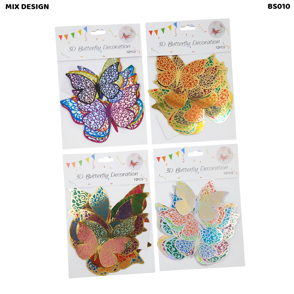 BS010 3D BUTTERFLY METALLIC STICKER COLORFUL 12pc