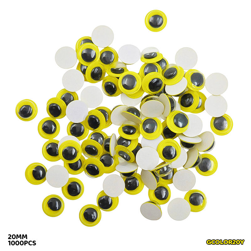GCOLOR20Y 20MM YELLOW 1000PC COLORED GOOGLY EYE WITH STICKER