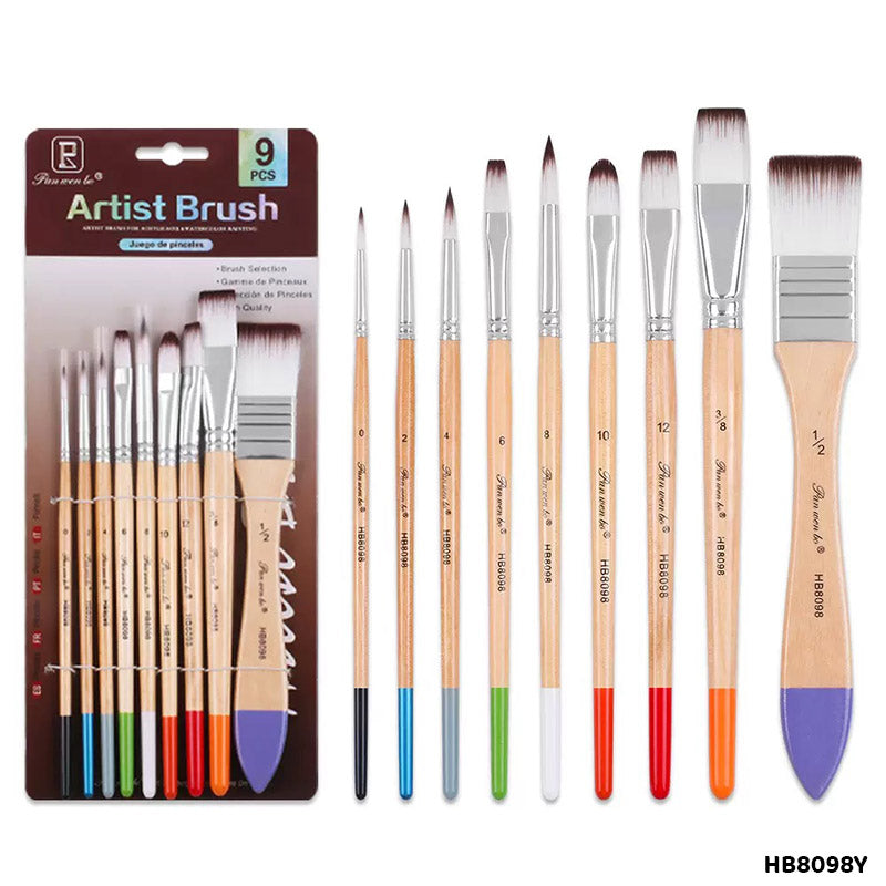 HB8098Y 9PC PAINT BRUSH BROWN HANDLE