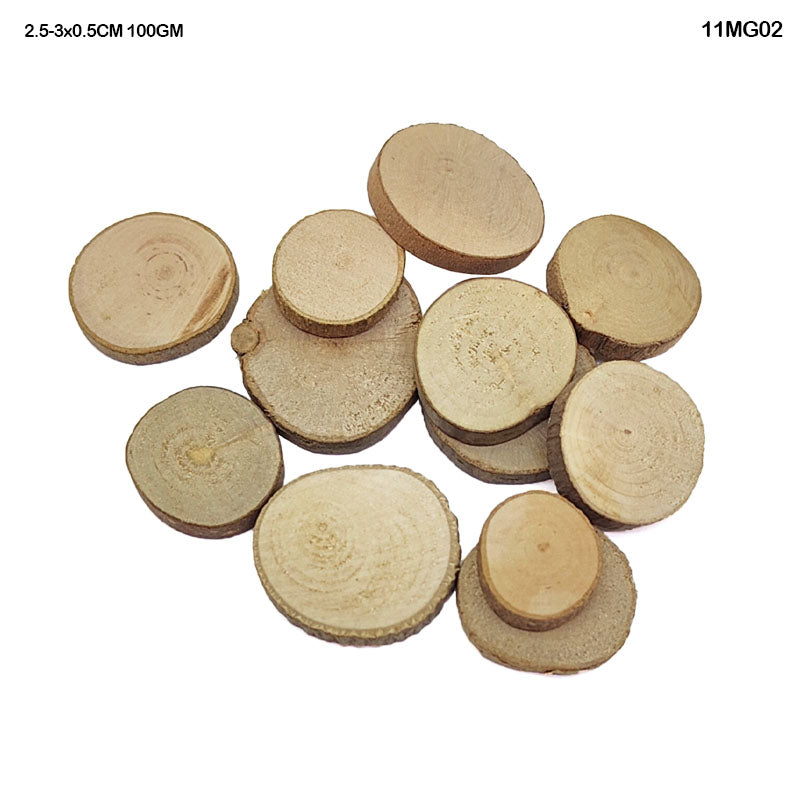WOODEN SLICE ROUND 2.5-3x0.5CM 100GM (11MG02)