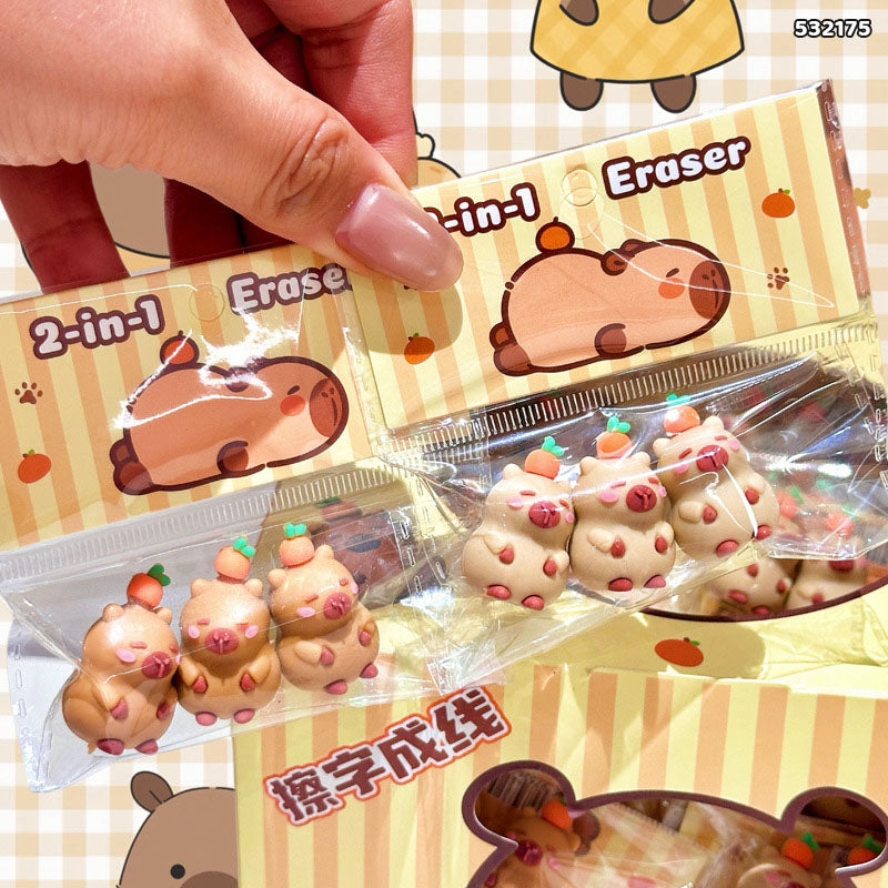 532175 3PC 2 IN 1 CAPYBARA ERASER TOPPER FOR PENCIL