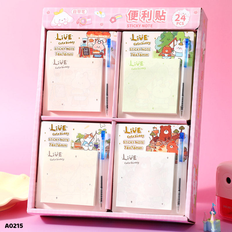 A0215 STICKY NOTE WITH PEN 75x75MM 60 SHEET (24PKT)