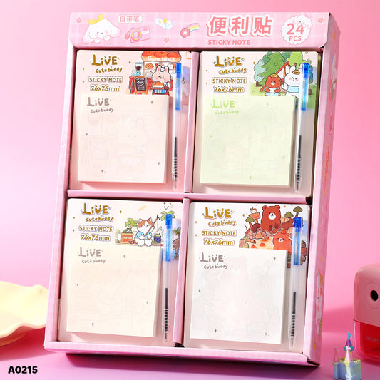 A0215 STICKY NOTE WITH PEN 75x75MM 60 SHEET (24PKT)