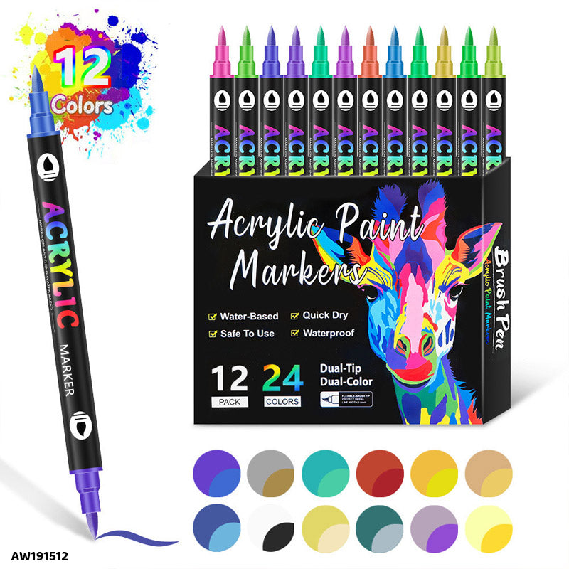 AW191512 12PC 24 COLOR ACRYLIC PAINT BRUSH MARKER DUAL TIP