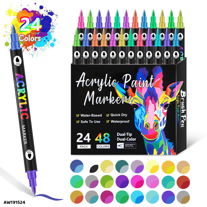 AW191524 24PC 48 COLOR ACRYLIC PAINT BRUSH MARKER DUAL TIP