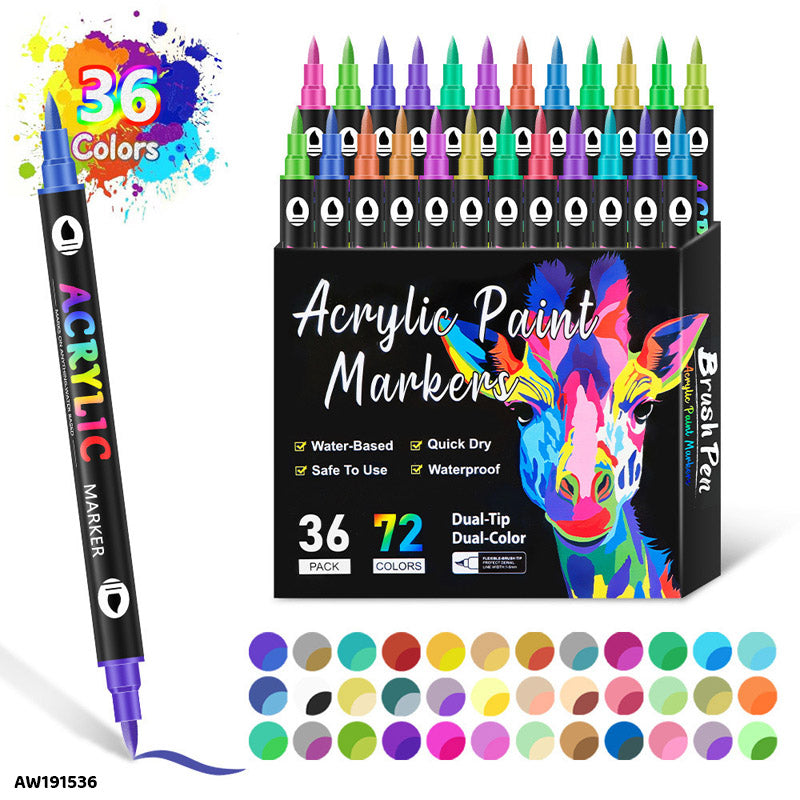 AW191536 36PC 72 COLOR ACRYLIC PAINT BRUSH MARKER DUAL TIP