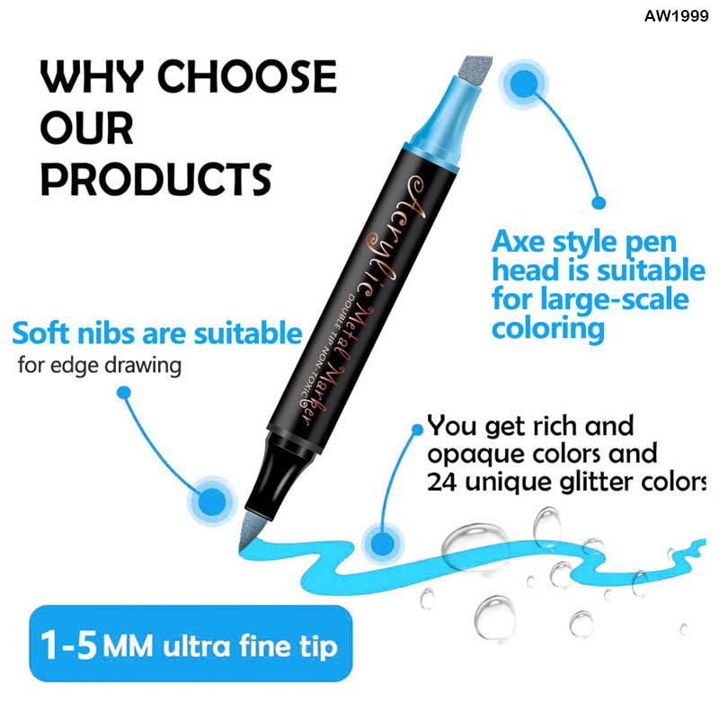 AW1999 ACRYLIC METALIC MARKER DUAL TIP 12PC