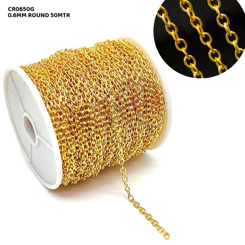 CR0650G CHAIN 0.6MM ROUND GOLD 50MTR