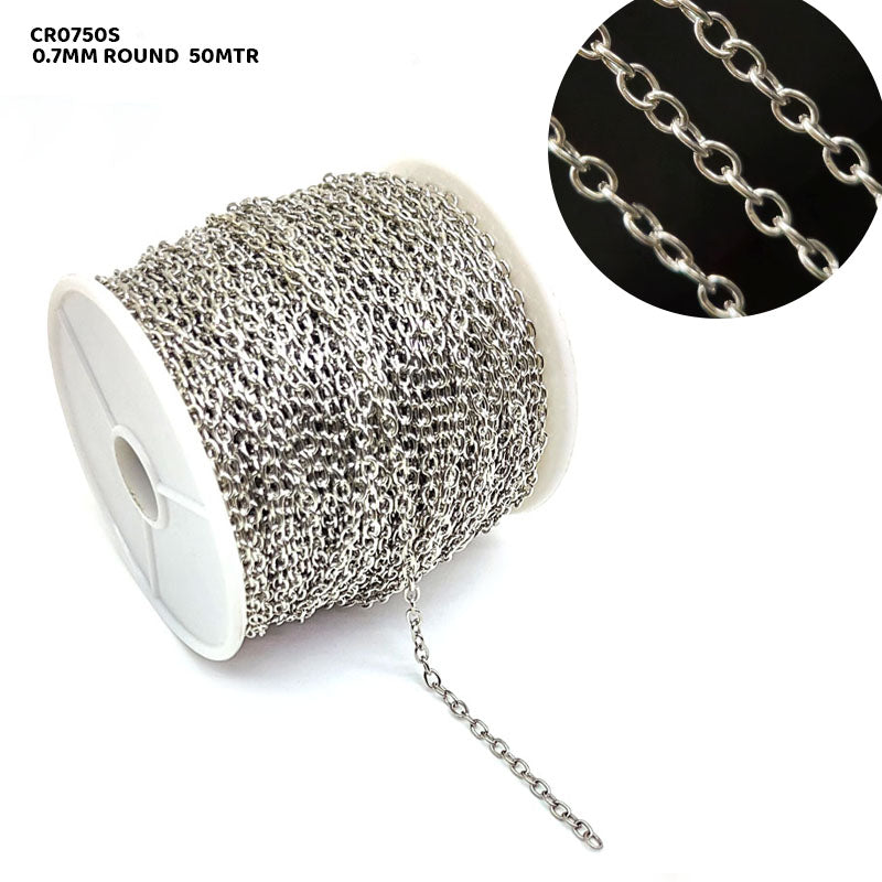 CR0750S CHAIN 0.7MM ROUND SILVER 50MTR